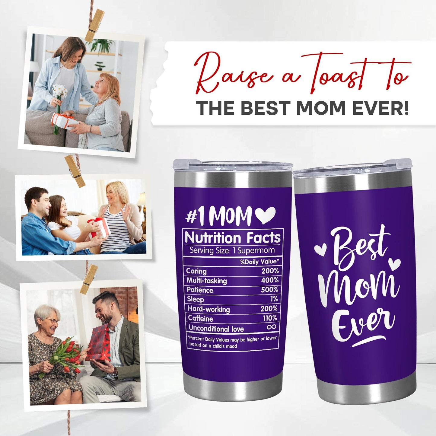 Cadeaux de fête des mères TEEZWONDER pour maman de la part de sa fille et de son fils - Gobelet à café isotherme en acier inoxydable de 59 cl avec couvercle - Cadeaux d'anniversaire pour maman, belle-mère, belle-mère, grand-mère