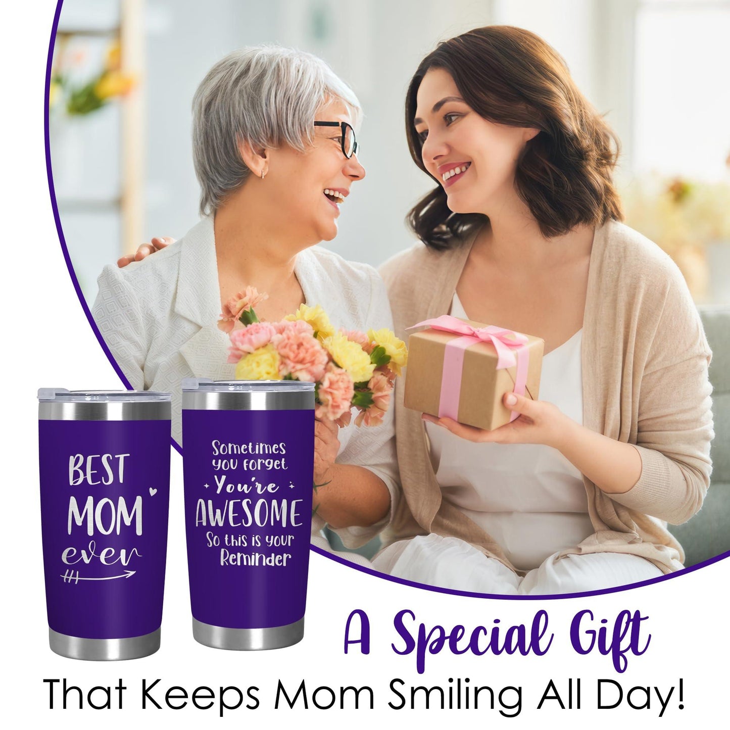 Cadeaux de fête des mères TEEZWONDER pour maman de la part de sa fille et de son fils - Gobelet à café isotherme en acier inoxydable de 59 cl avec couvercle - Cadeaux d'anniversaire pour maman, belle-mère, belle-mère, grand-mère