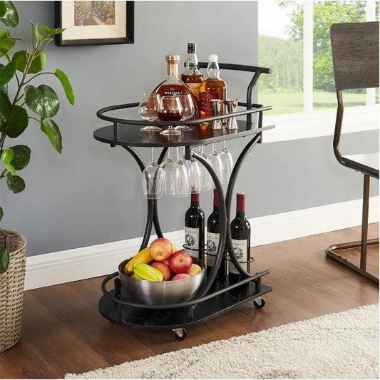 Desserte de bar à 2 niveaux, noire, avec casier à vin et porte-verres, mobile, pour fête, maison, pour salon