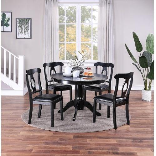 Ensemble de salle à manger 5 pièces au design classique, table ronde, 4 chaises d'appoint, coussins, tissu d'ameublement, siège en bois d'hévéa noir