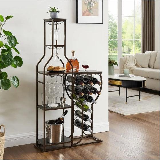 Étagère à vin grise sur pied pour 11 bouteilles, 5 niveaux, avec porte-verres et étagères de rangement, idéale pour bar, salon, salle à manger ou comme cadeau.