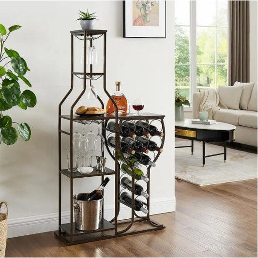Étagère à vin grise sur pied pour 11 bouteilles, 5 niveaux, avec porte-verres et étagères de rangement, idéale pour bar, salon, salle à manger ou comme cadeau.
