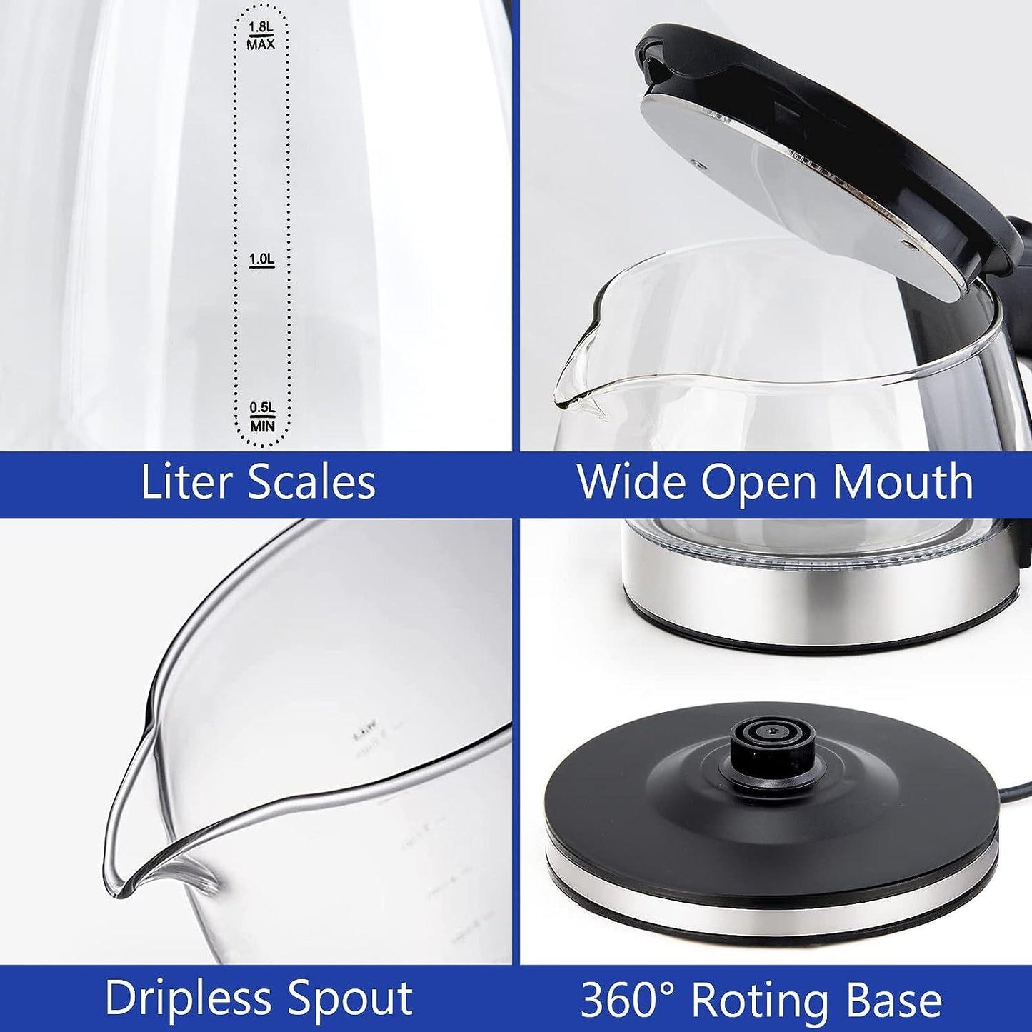 Bouilloire électrique 1,8 L, grande ouverture avec éclairage LED, arrêt automatique et protection anti-ébullition à sec, verre noir