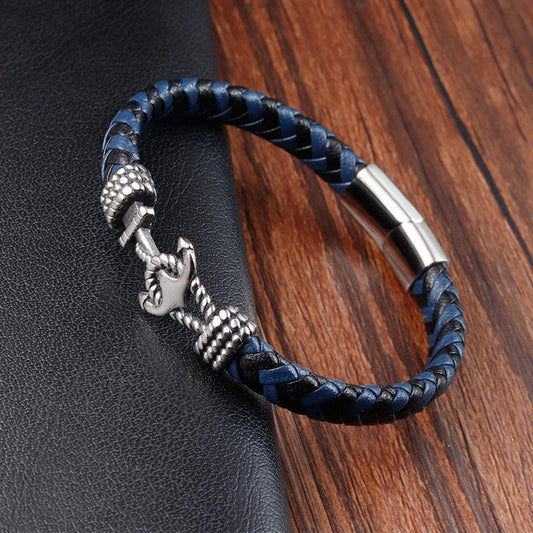 Bracelet homme en acier titane et cuir tressé avec ancre