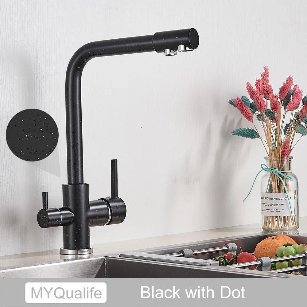 Robinet de cuisine en laiton noir mat, double poignée, eau chaude et froide, filtre à 3 voies, mitigeur de cuisine purifié