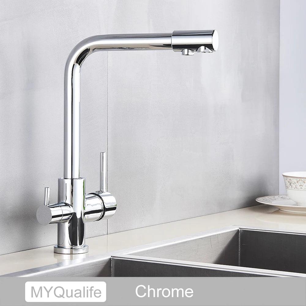 Robinet de cuisine en laiton noir mat, double poignée, eau chaude et froide, filtre à 3 voies, mitigeur de cuisine purifié