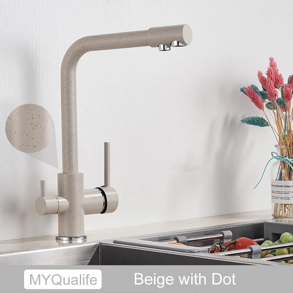 Robinet de cuisine en laiton noir mat, double poignée, eau chaude et froide, filtre à 3 voies, mitigeur de cuisine purifié