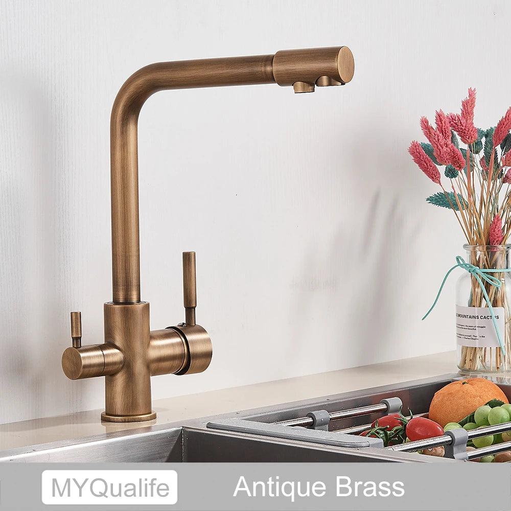 Robinet de cuisine en laiton noir mat, double poignée, eau chaude et froide, filtre à 3 voies, mitigeur de cuisine purifié