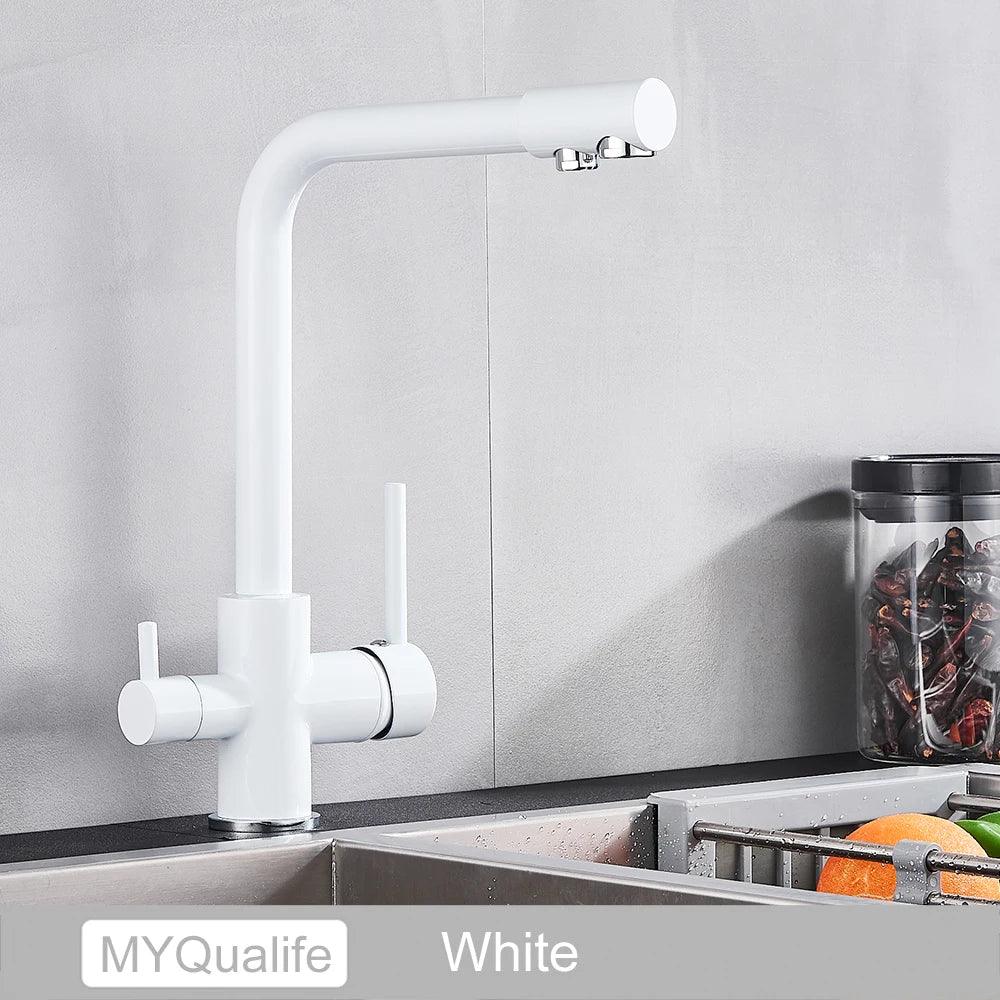 Robinet de cuisine en laiton noir mat, double poignée, eau chaude et froide, filtre à 3 voies, mitigeur de cuisine purifié