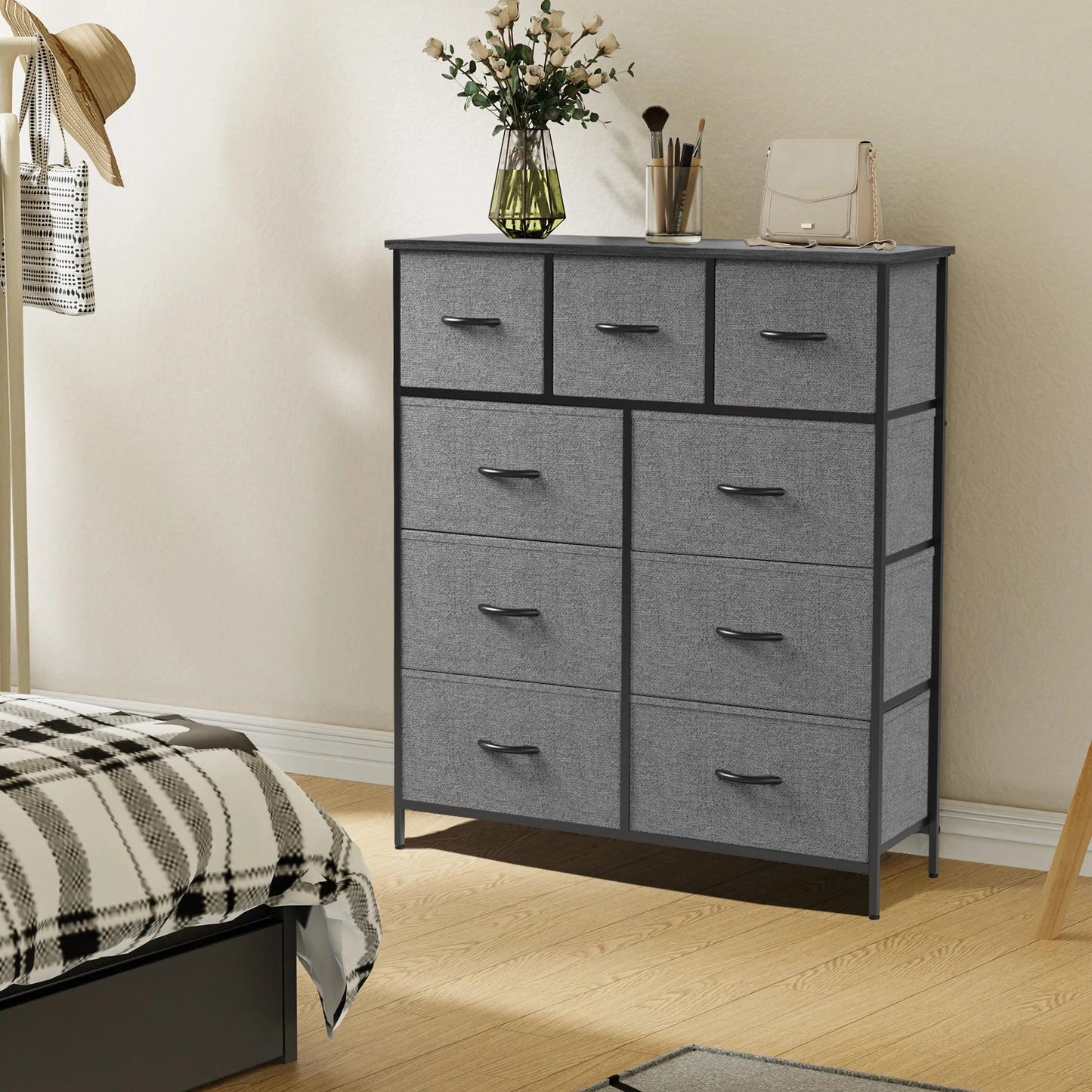 Commode JHK pour chambre à coucher avec 9 tiroirs de rangement en tissu, armoire haute, organisateur de coffre, placard, meubles pour vêtements pour adultes et enfants