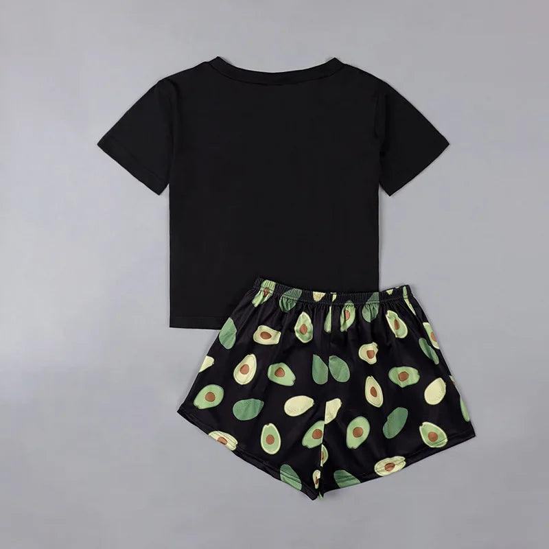 Pyjama imprimé avocat pour femme, ensemble short et vêtements de nuit, t-shirt à manches courtes, col rond, short, vêtements d'extérieur