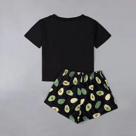Pyjama imprimé avocat pour femme, ensemble short et vêtements de nuit, t-shirt à manches courtes, col rond, short, vêtements d'extérieur