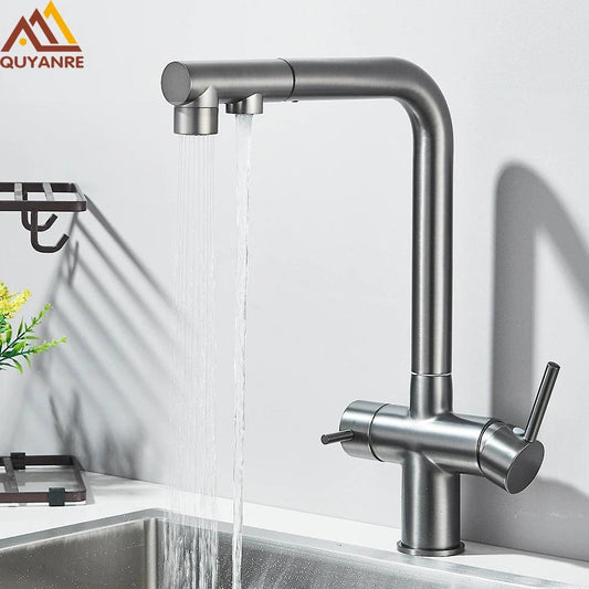 Robinet d'évier de cuisine filtré, douchette extractible, rotation à 360°, filtre à eau, double pulvérisateur, robinet d'eau potable, mitigeur d'évier