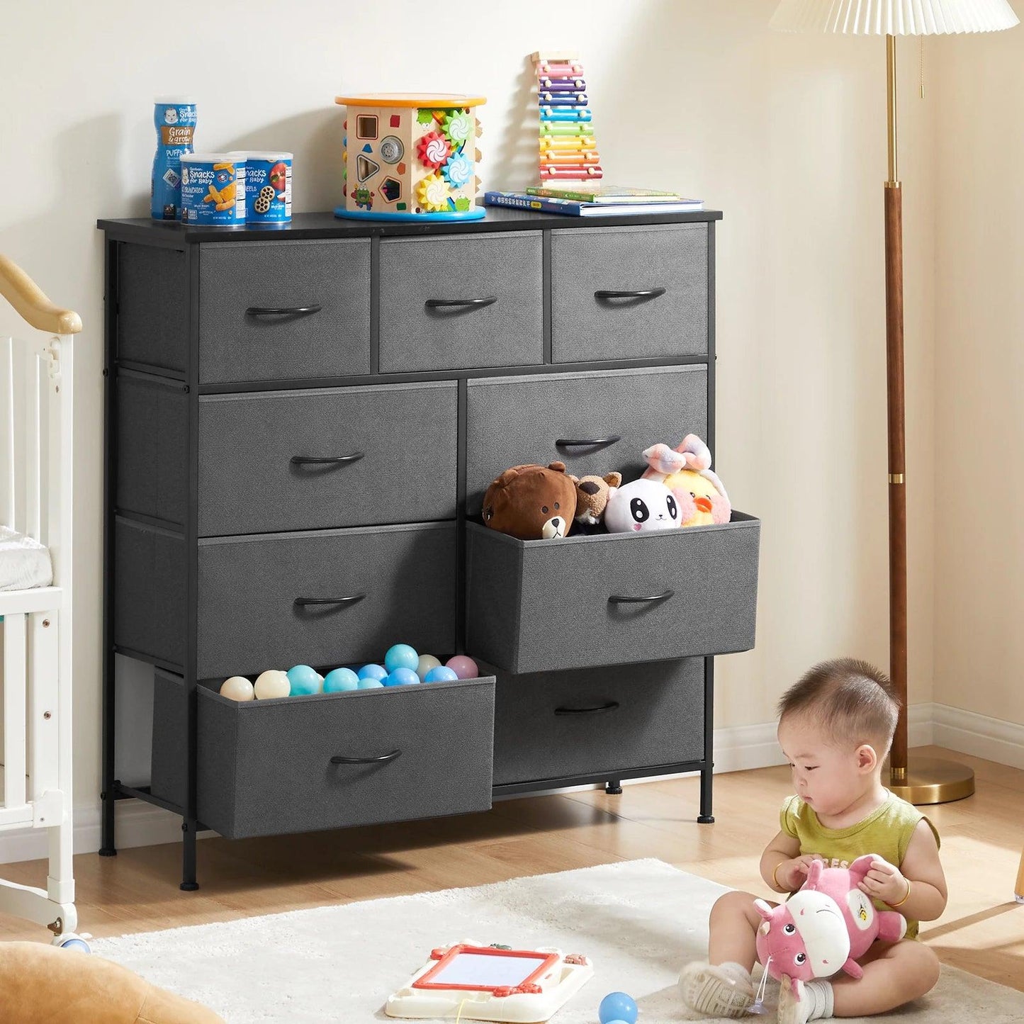 Commode JHK pour chambre à coucher avec 9 tiroirs de rangement en tissu, armoire haute, organisateur de coffre, placard, meubles pour vêtements pour adultes et enfants