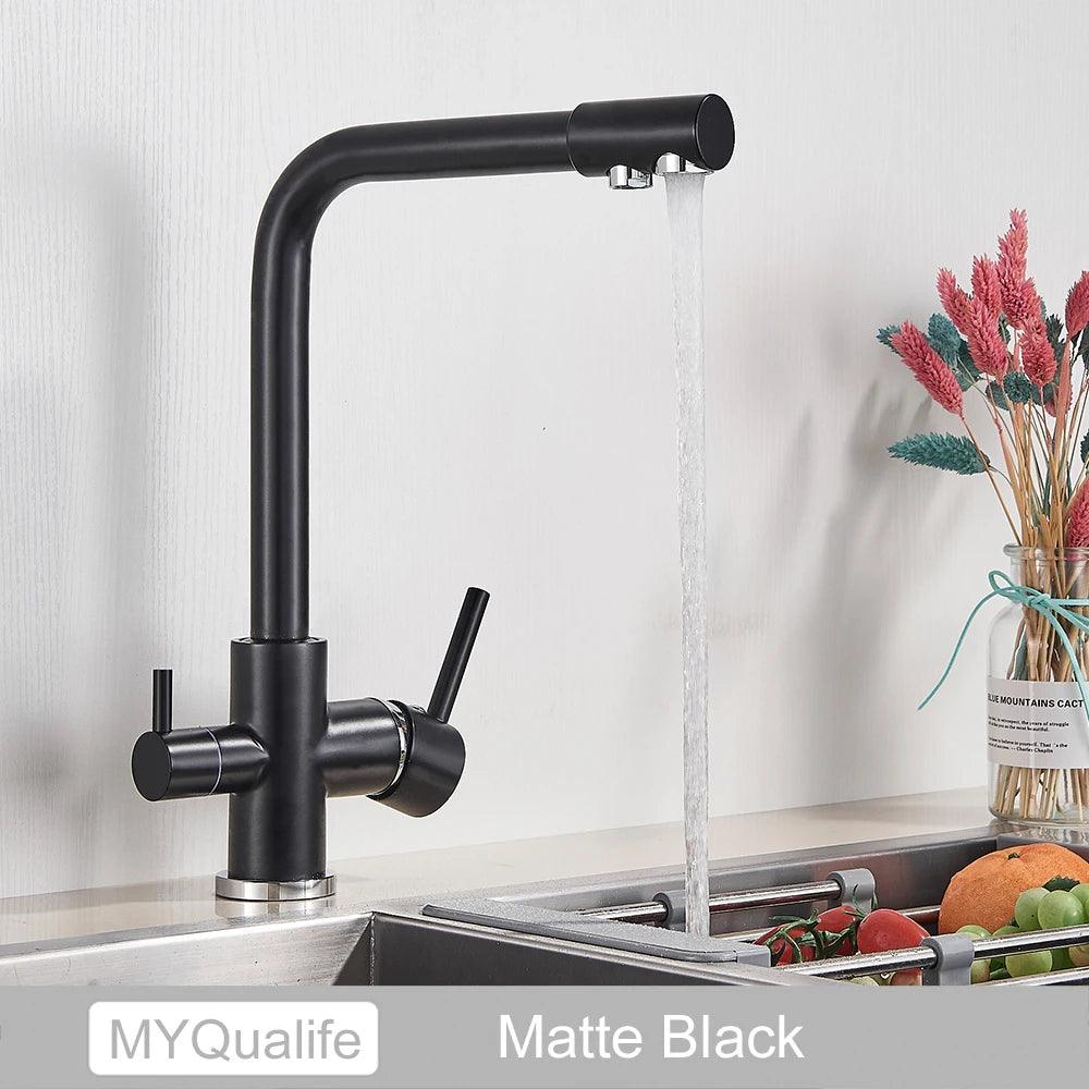 Robinet de cuisine en laiton noir mat, double poignée, eau chaude et froide, filtre à 3 voies, mitigeur de cuisine purifié