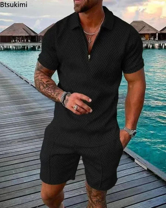Ensemble polo et short pour homme, nouvelle collection 2025, mode homme, couleur unie, col en V, fermeture éclair, manches courtes, été, décontracté