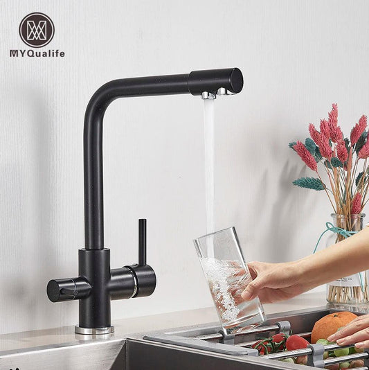 Robinet de cuisine en laiton noir mat, double poignée, eau chaude et froide, filtre à 3 voies, mitigeur de cuisine purifié