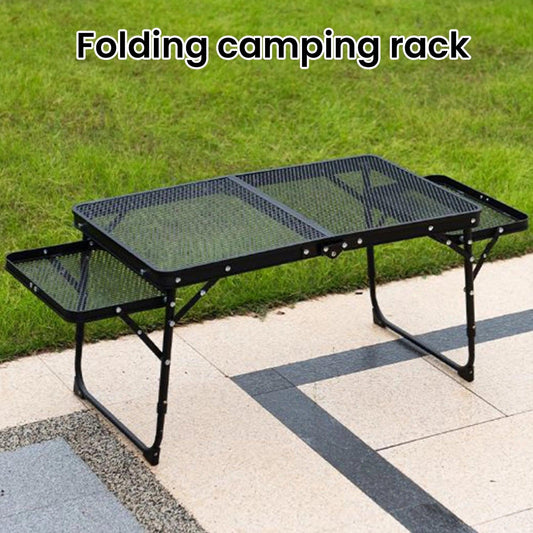 Table de camping pliante en maille de fer, table de camping portable en plein air avec étagère relevable, table à manger en alliage d'aluminium