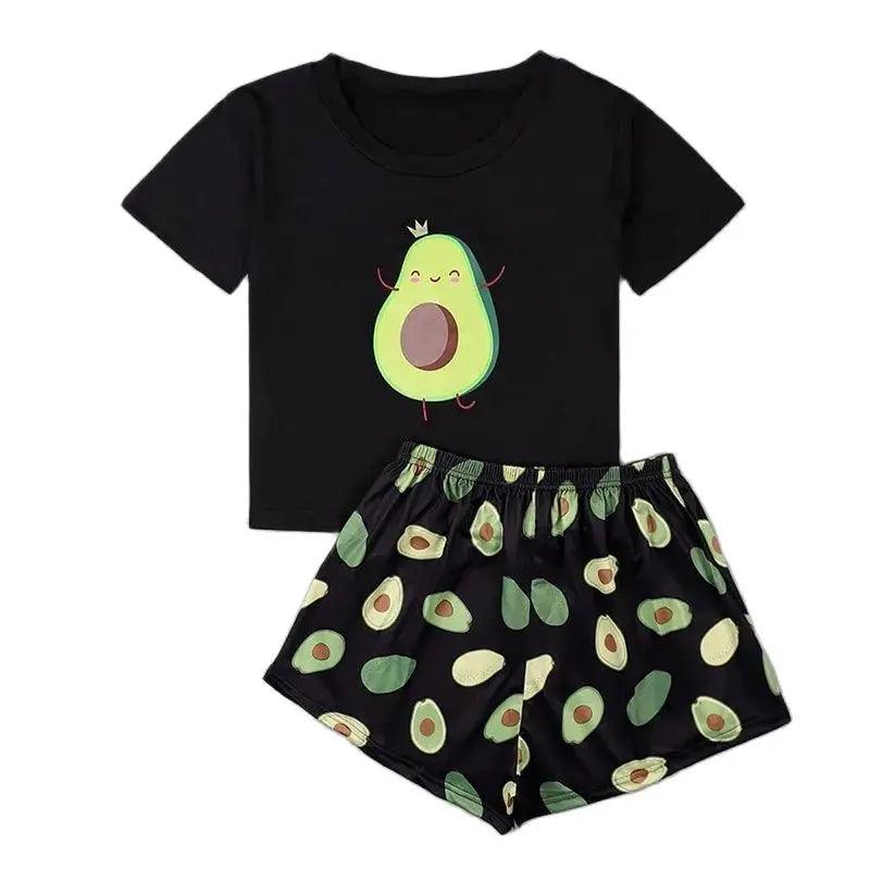 Pyjama imprimé avocat pour femme, ensemble short et vêtements de nuit, t-shirt à manches courtes, col rond, short, vêtements d'extérieur