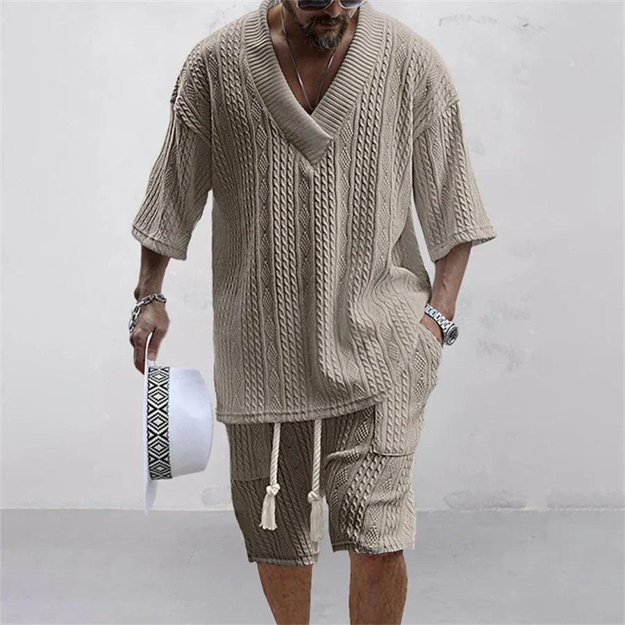 Summer Casual Shorts Set Knitted Two Piece Men's Clothing V-Neck Short Sleeve T-shirt and Shorts Streetwear Knit Outfits