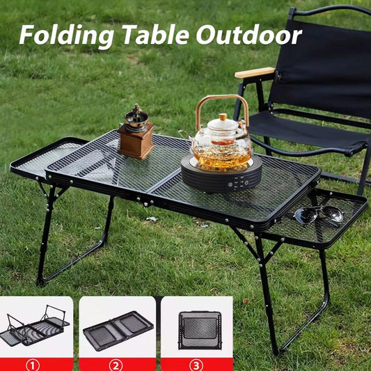 Table de camping pliante en maille de fer, table de camping portable en plein air avec étagère relevable, table à manger en alliage d'aluminium