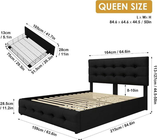 Cadre de lit Queen avec 4 tiroirs de rangement et tête de lit réglable Lit plateforme rembourré avec design capitonné à boutons