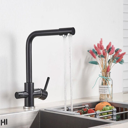 Robinet de cuisine en laiton noir mat, double poignée, eau chaude et froide, filtre à 3 voies, mitigeur de cuisine purifié