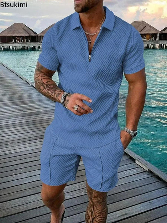 Ensemble polo et short pour homme, nouvelle collection 2025, mode homme, couleur unie, col en V, fermeture éclair, manches courtes, été, décontracté