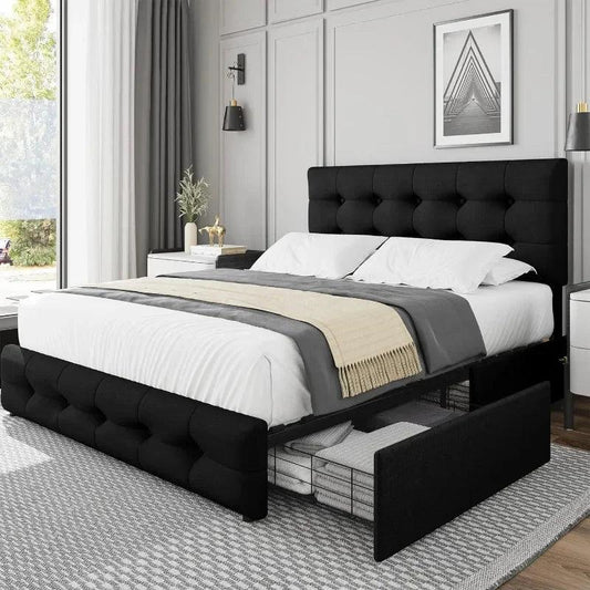 Cadre de lit Queen avec 4 tiroirs de rangement et tête de lit réglable Lit plateforme rembourré avec design capitonné à boutons