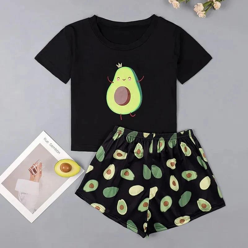 Pyjama imprimé avocat pour femme, ensemble short et vêtements de nuit, t-shirt à manches courtes, col rond, short, vêtements d'extérieur