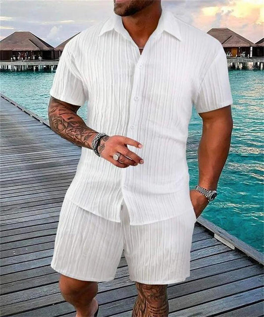 2024 Nouveau style Été Mode Homme Plage Costume Sports de Plein Air Décontracté Chemise Couleur Unie Lâche Manches Courtes Short Plage deux pièces