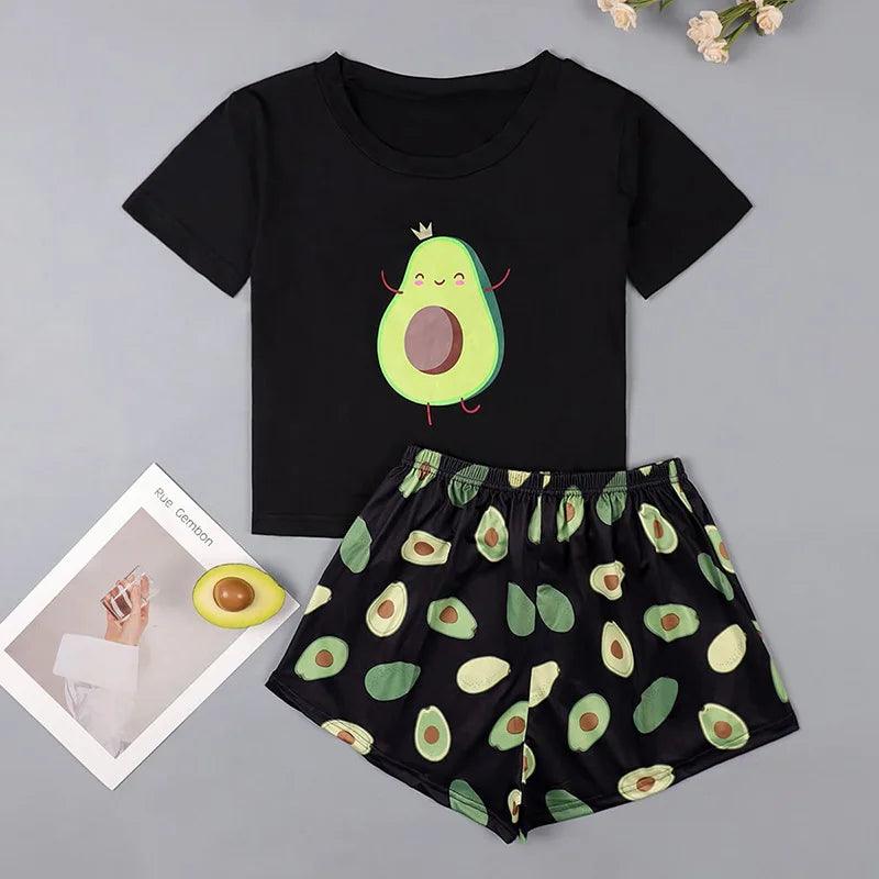 Pyjama imprimé avocat pour femme, ensemble short et vêtements de nuit, t-shirt à manches courtes, col rond, short, vêtements d'extérieur