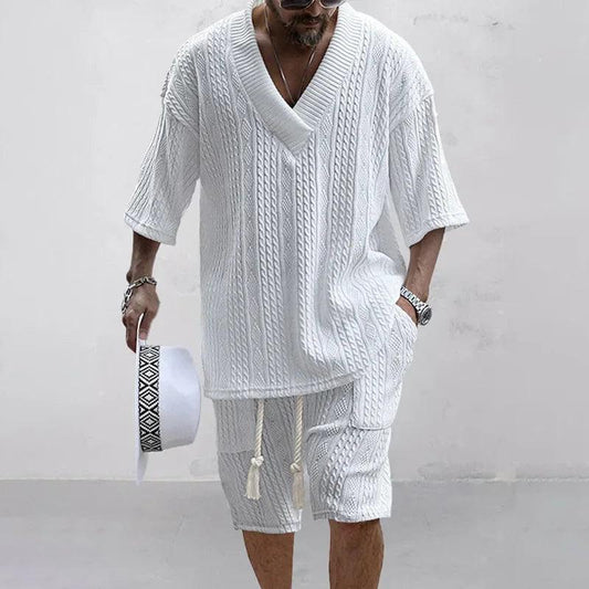 Ensemble short décontracté d'été 2024, vêtements tricotés deux pièces pour hommes, t-shirt à manches courtes et col en V, tenues en tricot streetwear