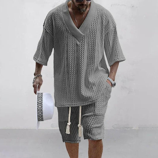 Ensemble short décontracté d'été 2024, vêtements tricotés deux pièces pour hommes, t-shirt à manches courtes et col en V, tenues en tricot streetwear