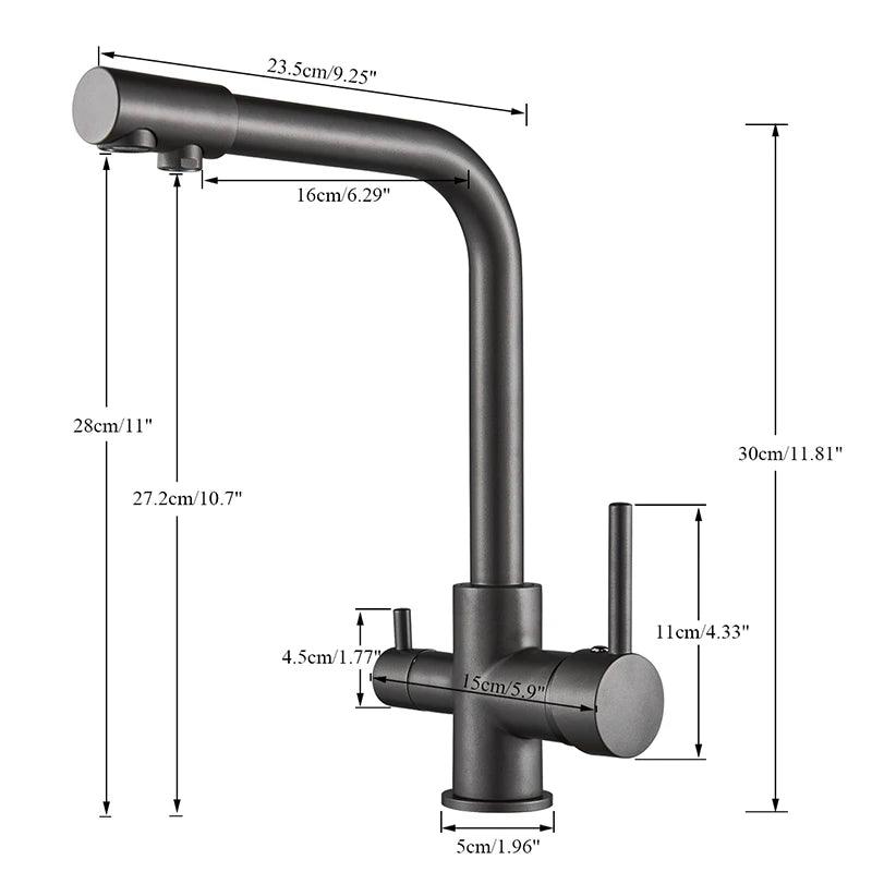 Robinet de cuisine en laiton noir mat, double poignée, eau chaude et froide, filtre à 3 voies, mitigeur de cuisine purifié