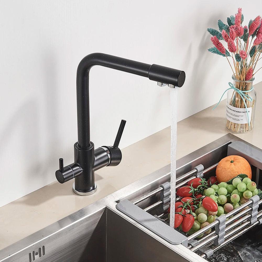 Robinet de cuisine en laiton noir mat, double poignée, eau chaude et froide, filtre à 3 voies, mitigeur de cuisine purifié