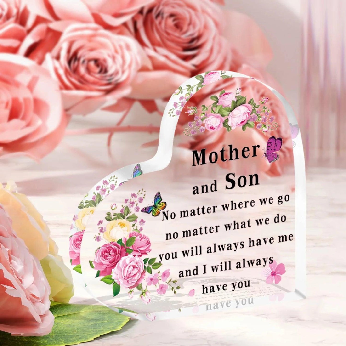 Cadeaux pour maman Plaque acrylique en forme de cœur Cadeaux pour maman de la part de son fils Anniversaire Thanksgiving Fête des mères Cadeau pour mère