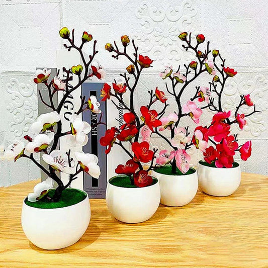 Bonsaï Fleurs de soie Fleurs de prunier Plante artificielle Fausses fleurs Pot Flores Sakura Arbre Branches Décoration de la maison Chambre