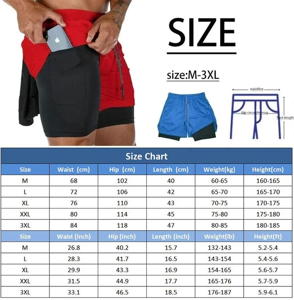 Men's Two-in-one Sports Shorts Breathable Casual Quick-drying Double-layer Shorts Summer Running Sportswear Bottoms M-3XL - Grivelo