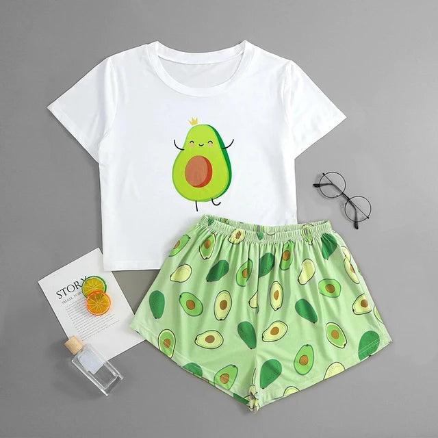 Pyjama imprimé avocat pour femme, ensemble short et vêtements de nuit, t-shirt à manches courtes, col rond, short, vêtements d'extérieur