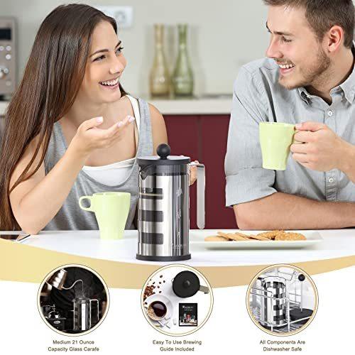 Cafetière à piston 4 tasses, corps en acier inoxydable, résistante à la chaleur, filtre à café en acier inoxydable pour les amateurs de café, argent, 350 ml et 600 ml