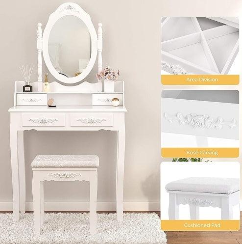 Ensemble coiffeuse 4 tiroirs, coiffeuse avec tabouret rembourré, ensemble de meubles de chambre pour filles et femmes avec miroir ovale
