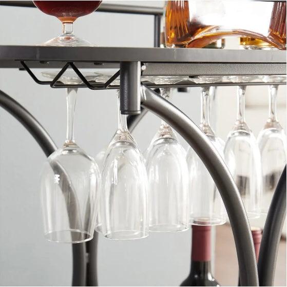 Desserte de bar à 2 niveaux, noire, avec casier à vin et porte-verres, mobile, pour fête, maison, pour salon
