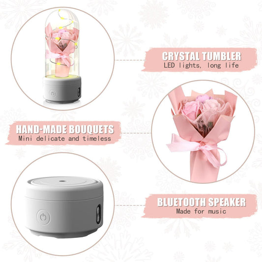 Bouquet créatif 2 en 1 avec lumière LED et haut-parleur Bluetooth, cadeau de fête des mères, veilleuse lumineuse en forme de rose, dans un couvercle en verre