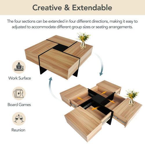 Table basse au design unique avec 4 compartiments de rangement cachés