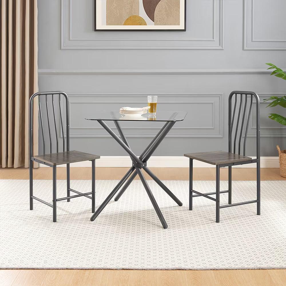 Ensemble de salle à manger pour 2 personnes, table carrée en verre trempé avec 4 pieds et 2 chaises en métal, pour la maison, le bureau, la cuisine ou la salle à manger, noir et marron