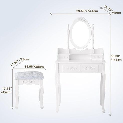 Ensemble coiffeuse 4 tiroirs, coiffeuse avec tabouret rembourré, ensemble de meubles de chambre pour filles et femmes avec miroir ovale
