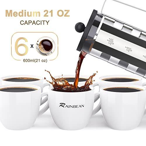 Cafetière à piston 4 tasses, corps en acier inoxydable, résistante à la chaleur, filtre à café en acier inoxydable pour les amateurs de café, argent, 350 ml et 600 ml
