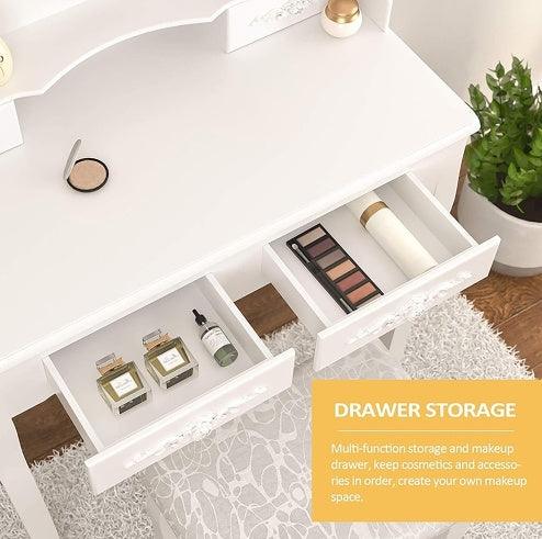 Ensemble coiffeuse 4 tiroirs, coiffeuse avec tabouret rembourré, ensemble de meubles de chambre pour filles et femmes avec miroir ovale