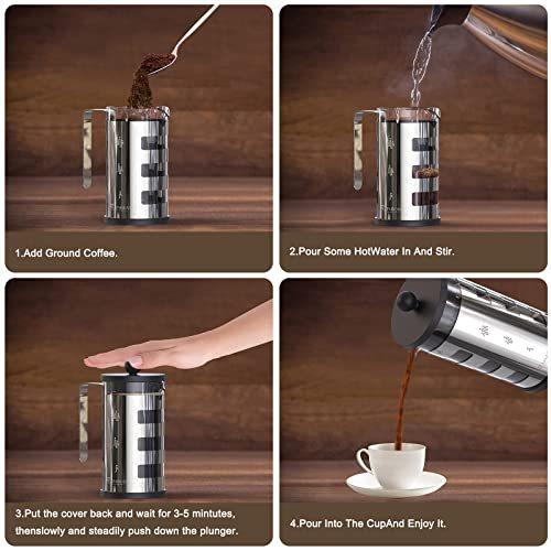 Cafetière à piston 4 tasses, corps en acier inoxydable, résistante à la chaleur, filtre à café en acier inoxydable pour les amateurs de café, argent, 350 ml et 600 ml
